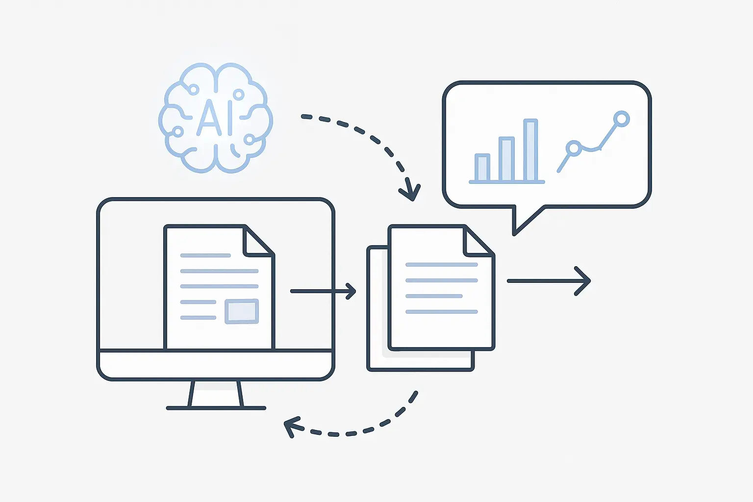 A diagram showing a raw data chart on one side and the same chart with AI-generated commentary bubbles explaining the dips and peaks on the other.