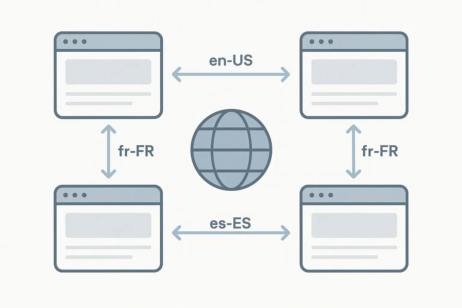 A diagram showing a central webpage with arrows pointing to country-specific versions (e.g., US, UK, DE), each labeled with its corresponding hreflang tag.
