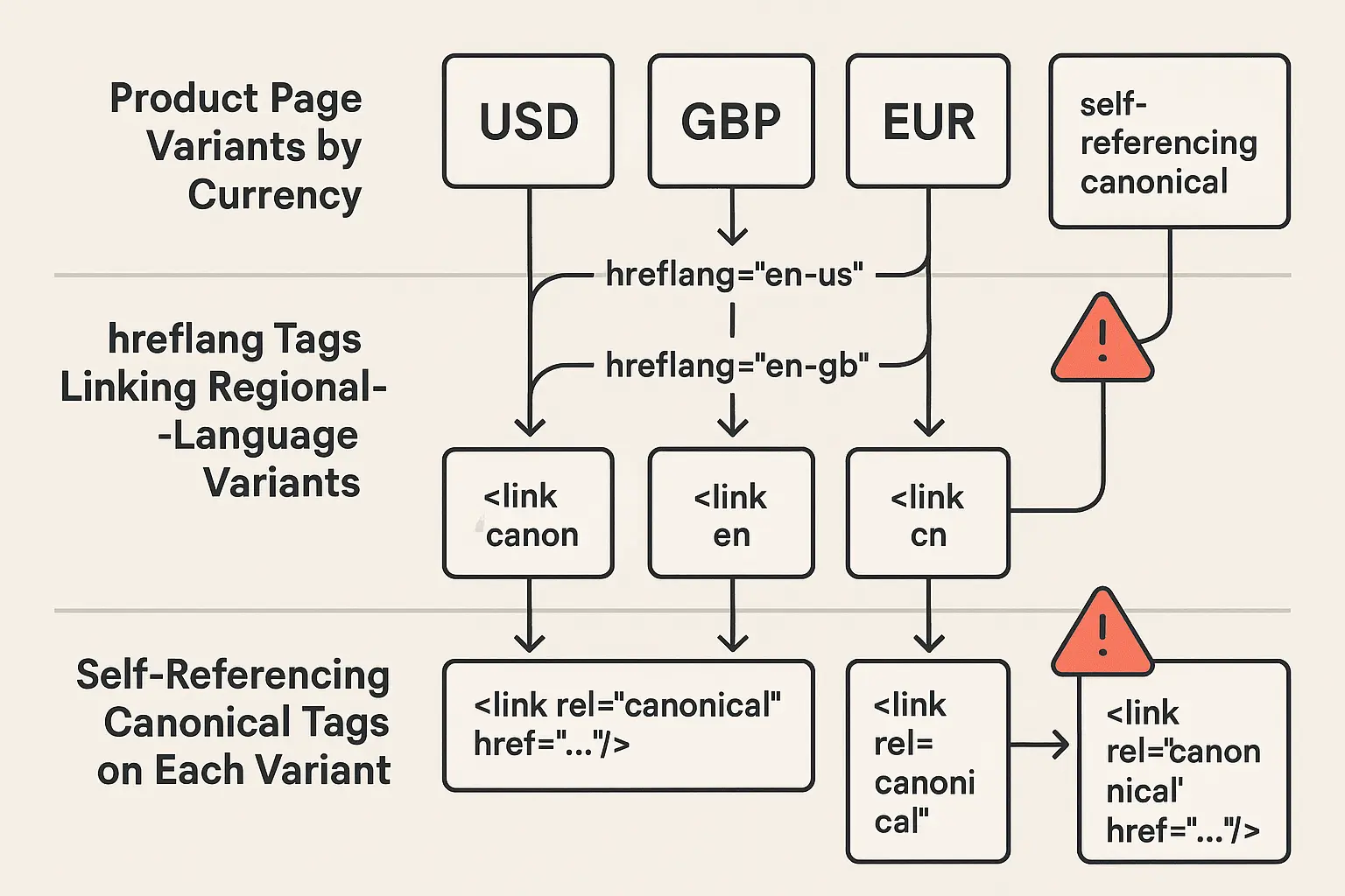 A screenshot or graphic showing a correct implementation of self-referencing canonicals alongside hreflang tags for different country/currency versions.