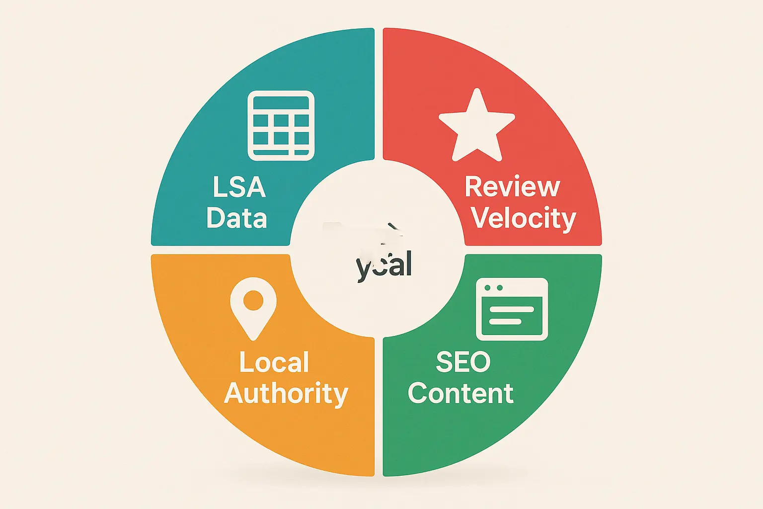 A diagram showing a feedback loop. Arrows point from LSA performance data and customer reviews back to SEO strategy like keyword targeting, content creation, and GBP optimization.