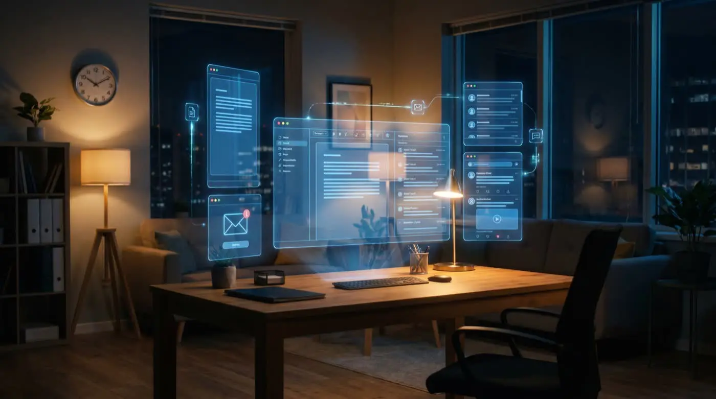 Büro bei Nacht, ein Bildschirm leuchtet