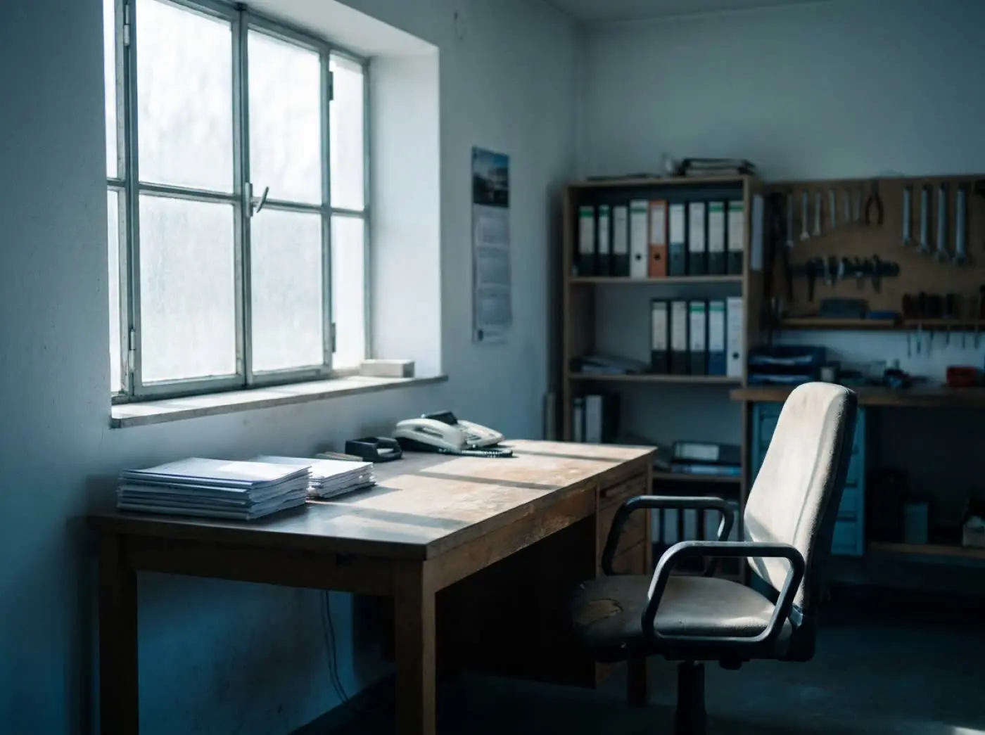 Leerer Arbeitsplatz in einem kleinen Betrieb, niemand da