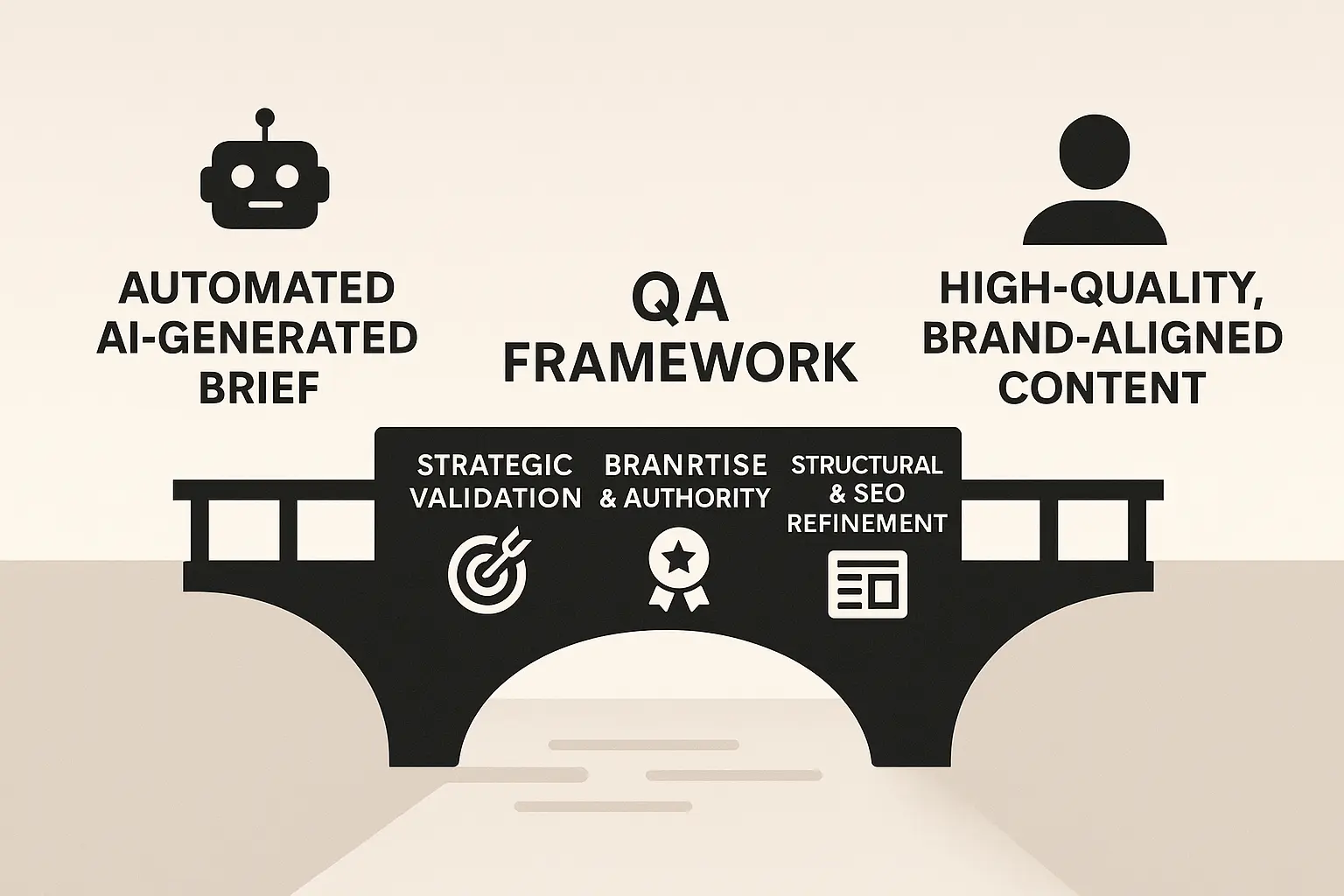 Image of a diagram showing AI-generated data flowing into a human-led strategy filter, resulting in a high-quality brief