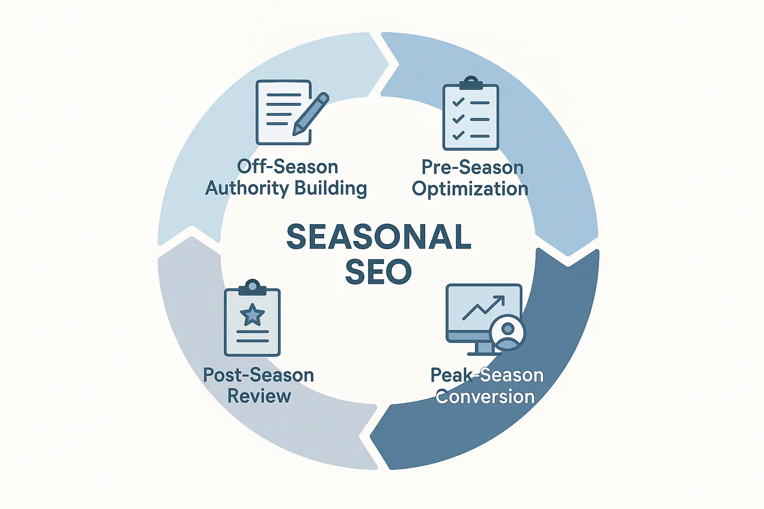 A graph showing the seasonal search volume spikes for "AC repair" (summer) and "furnace repair" (winter).