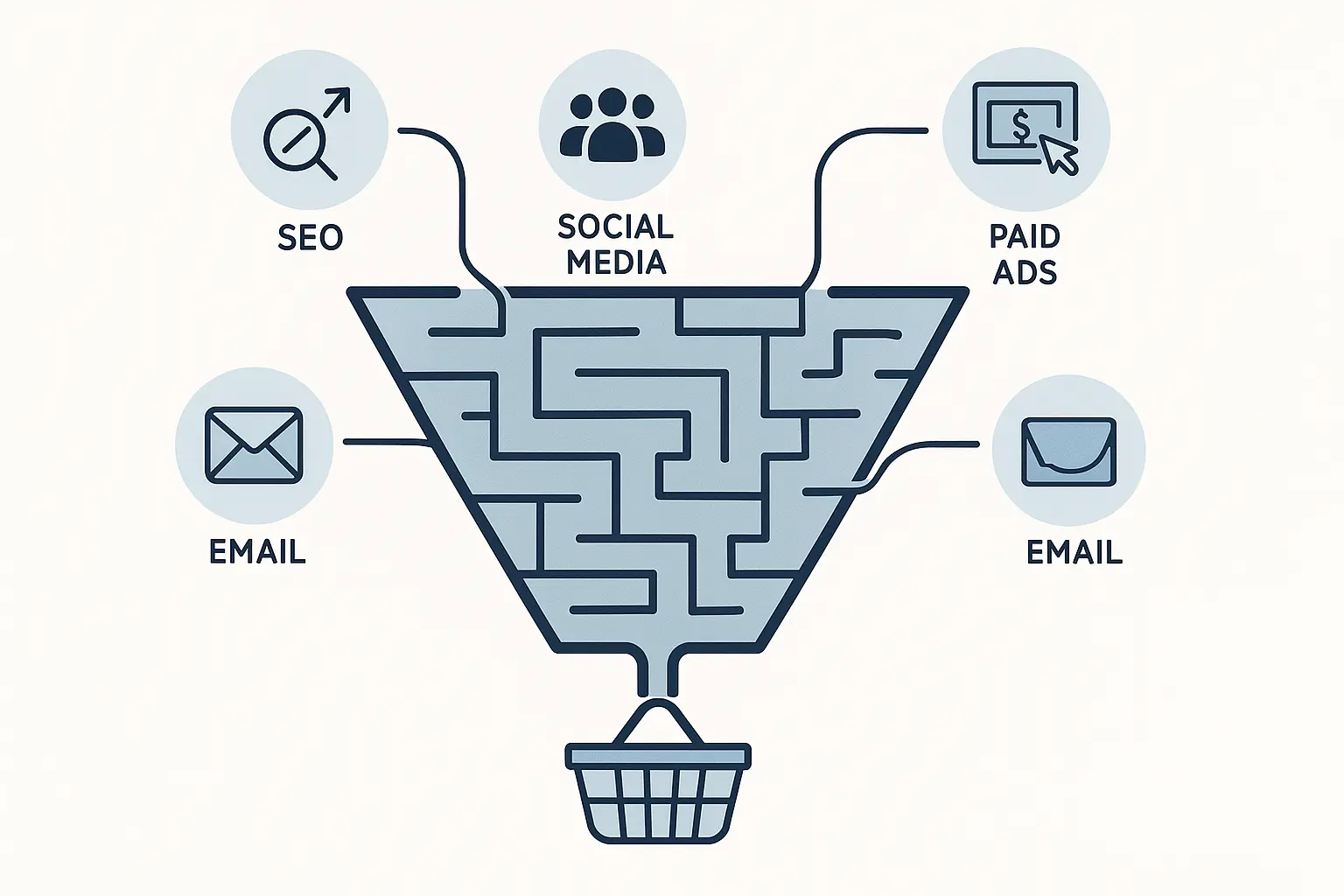 A simplified graphic showing a linear vs. a messy, multi-touch customer journey. Linear path is a straight line. Messy path is a tangled web connecting social, search, email, etc. to a final purchase.