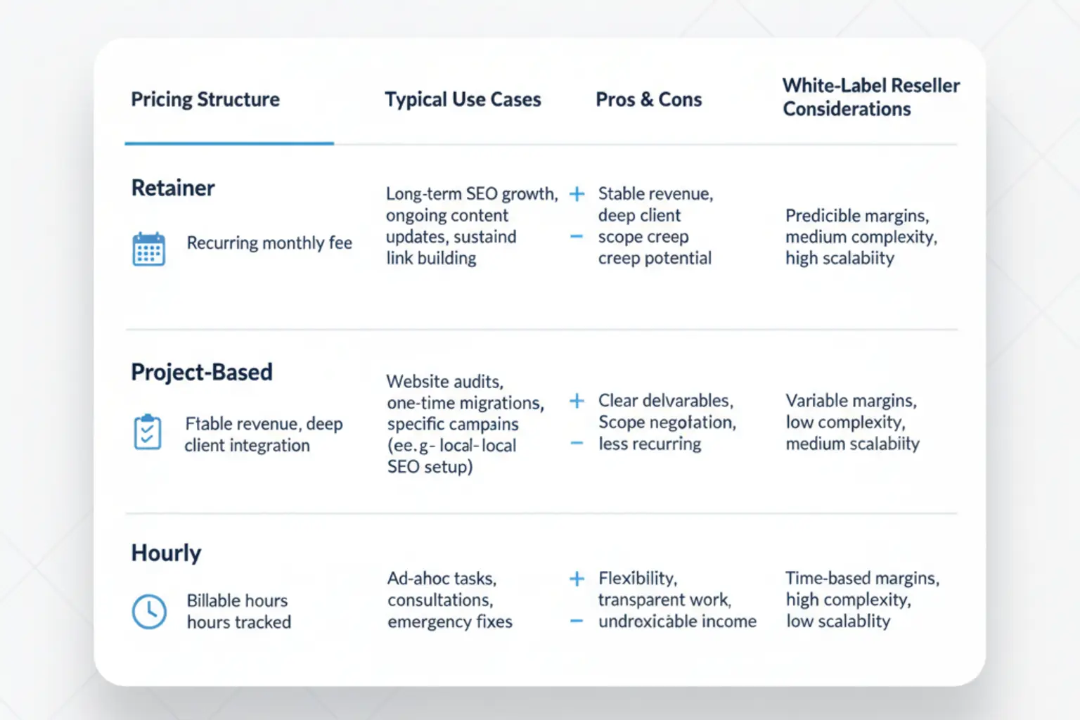 At a glance: Compare key SEO pricing models tailored for agencies reselling white-label SEO, highlighting differences in structure, scalability, and margin implications.